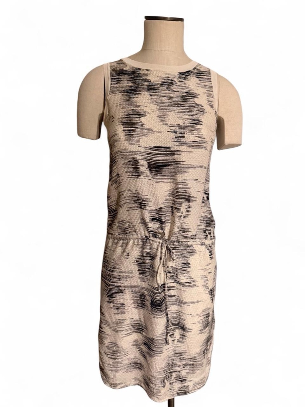 Vince Beige and Black Sleeveless Drawstring Knit Mini Dress